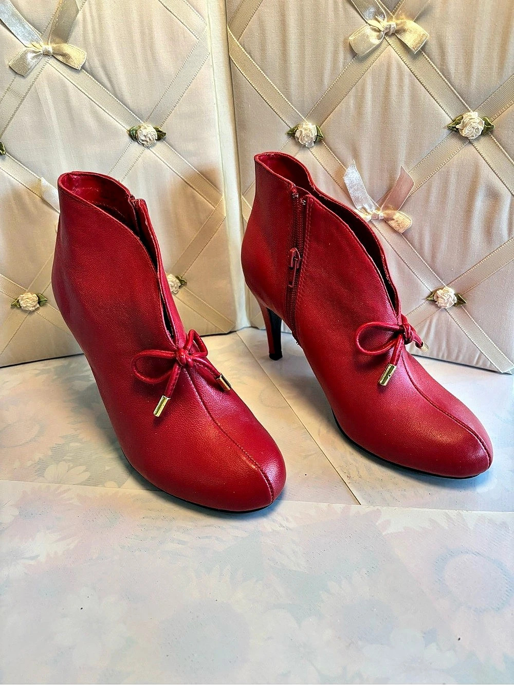 Red Peep Toe Heeled Ankle Boots